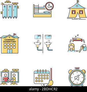 Living in dormitory RGB color icons set. Lockers. Mixed bedroom. Company dorm. Neighborhood. Cleaning schedule. Quiet hours. Communal bathroom Stock Vector