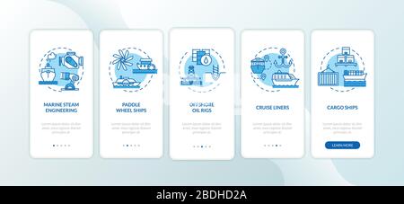 Marine engineering onboarding mobile app page screen with concepts set. Logistic and on water shipment walkthrough 5 steps graphic instructions. UI Stock Vector