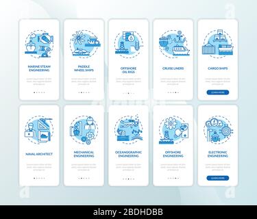 Marine engineering onboarding mobile app page screen with concepts set. Maritime platforms building walkthrough 5 steps graphic instructions. UI Stock Vector