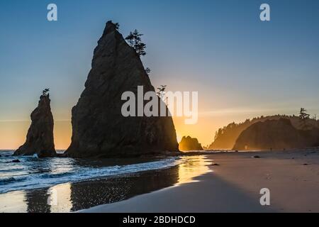 Sunset among the sea stacks on Rialto Beach in Olympic National Park, Washington State, USA Stock Photo