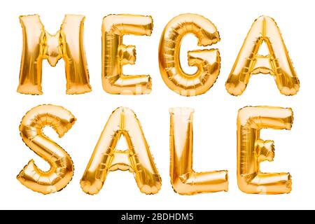 Words MEGA SALE made of golden inflatable balloons isolated on white background. Helium balloons gold foil forming phrase super sale. Discount and Stock Photo