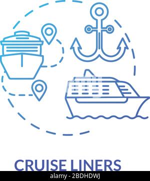 Cruise liners blue concept icon. Marine tourism with passenger ship. Luxury trip with water vessel. Boat voyage idea thin line illustration. Vector Stock Vector
