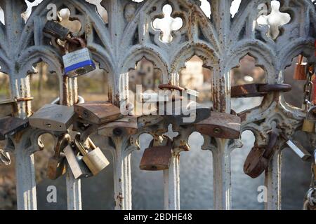 Wedding locks on the bridge in Vilnius Stock Photo