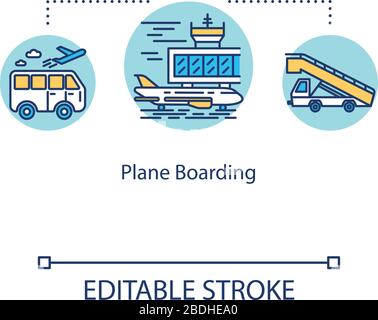 Plane boarding concept icon. Airline transportation, airport arrival idea thin line illustration. Car, airplane and boarding stairs vector isolated Stock Vector