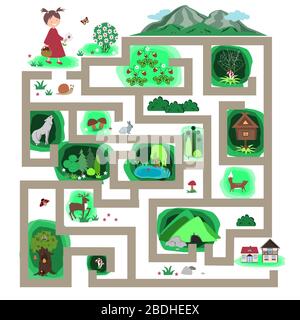 Vector labyrinth with girl that should find the right way to the home. Task for kids, forest path maze Stock Vector