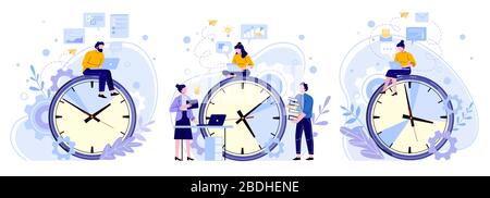 Efficiency work time. Man, woman and workers teamwork hours. Freelance workers, productivity clocks and people working on laptop vector illustrations Stock Vector