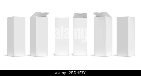 High box mockup. White open cardboard packaging long boxes, rectangular pack with realistic shadow vector set. Blank carton container, packing for Stock Vector