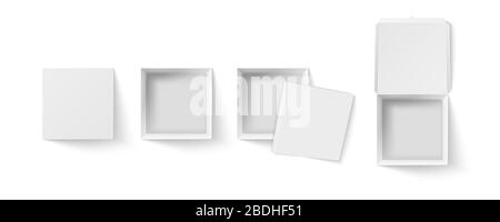 Square box top view mockup. Empty package, white paper gift boxes and pizza packaging realistic 3D vector illustration set. Open and closed parcel Stock Vector
