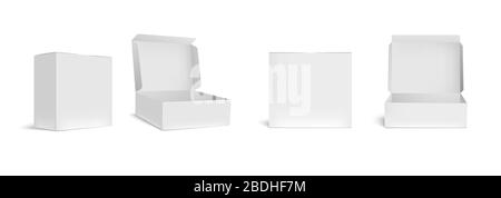 Open and closed white box mockup. Opened packaging boxes, empty rectangular package and realistic packages 3d vector illustration set. Square blank Stock Vector
