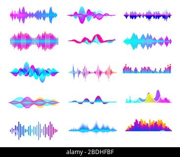 Colorful sound waves. Audio signal wave, color gradient music waveforms and digital studio equalizer vector set. Abstract audio line cliparts Stock Vector