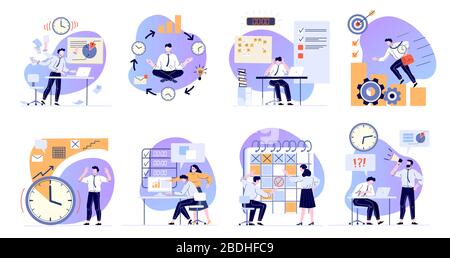 Time management. Scheduling working tasks, deadline schedule and office manager working with computer flat vector illustrations set. Job stress and Stock Vector
