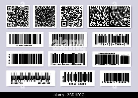 Barcode labels. Product label bar sticker, barcodes badges and industrial qr code isolated symbols vector set. Identification codes for product Stock Vector