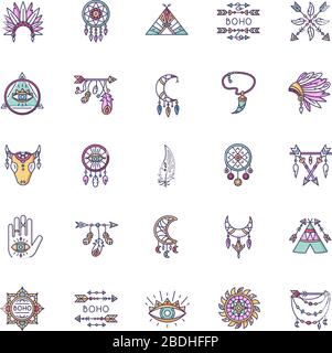Boho style RGB color icons set. Native American Indian amulets. Dreamcather ethnic charms. Hippie and bohemian accessories. Esoteric symbols. Vintage Stock Vector