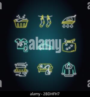 Laundry and cleanup service neon light icons set. Handwash, drying, fabric ironing. Fur, furniture and pillow dry cleaning. Signs with outer glowing Stock Vector