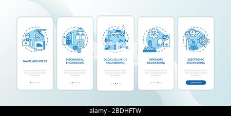 Marine engineering onboarding mobile app page screen with concepts set. Boat repair operations walkthrough 5 steps graphic instructions. UI vector Stock Vector
