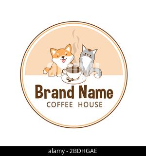 Logo cat and dog for a coffee shop with a cup of coffee. The aroma of coffee with coffee beans. Stock Vector