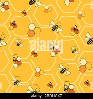 Bees and honeycombs seamless vector pattern on yellow honeycomb background surface pattern design Stock Vector