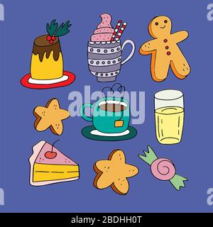 Set on blue background from holiday food and beverages. for design of cards and menus for cafes Stock Vector