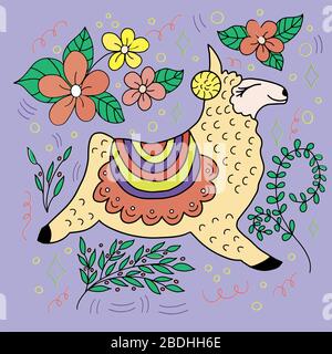 Image of cute alpaca on a lilac background with flowers and leaves. For the design of postcards, posters, printing on fabrics Stock Vector