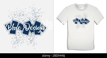 Print on t-shirt graphics design, blue spattered spray circles and squares, white background vector Stock Vector