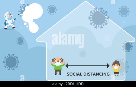 every one should create social distancing and medical team is sanitize the whole area Stock Vector