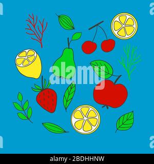 Set of bright fruits, berries and leaves on a blue background in vector graphics. For the design of wallpaper, wrapping paper, prints on textiles Stock Vector
