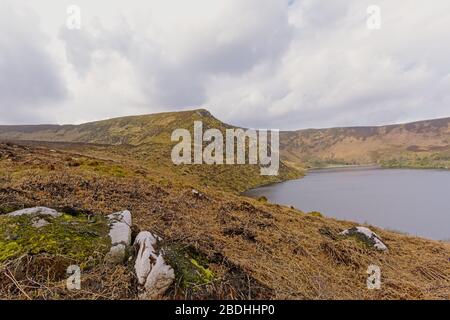 Mountains and peatland around Lough Bray lower lake in Wicklow mountains national park, Dublin, Ireland Stock Photo