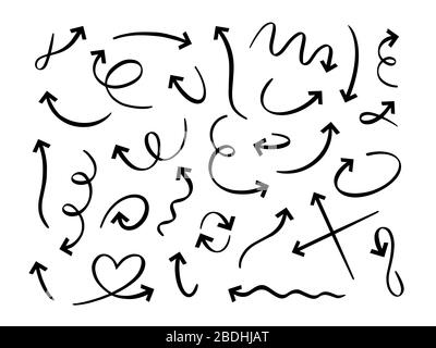 Hand drawn black arrows. Curved scribble arrow, sketch pointer line and doodle vector set. Round and twisted navigation sign. Direction arrowhead Stock Vector