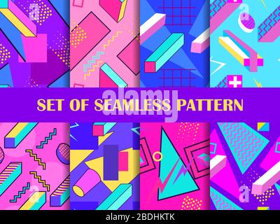 Memphis set of seamless pattern with geometric shapes in the style of the 80s. Eighties print colorful background for promotional products, wrapping p Stock Vector