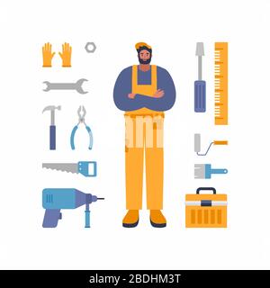 Service worker character with tools and equpment. Universal worker character for repair, construction and builder. Concept image of work wear. Cartoon Stock Vector