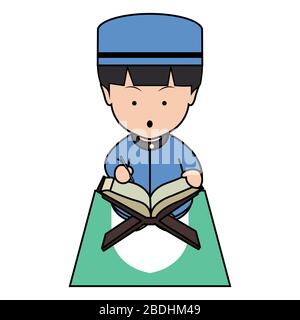 Cute muslim boy reading Quran in ramadan cartoon illustration Stock ...