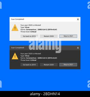 Dialogue box with a virus scan completed message. It says the year 2020 is infected with Coronavirus aka COVID-19 and provides three options. Stock Vector