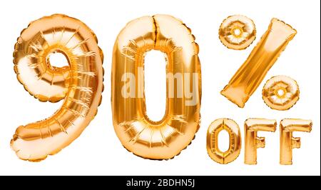 Golden ninety percent sale sign made of inflatable balloons isolated on white. Helium balloons, gold foil numbers. Sale decoration, black friday Stock Photo