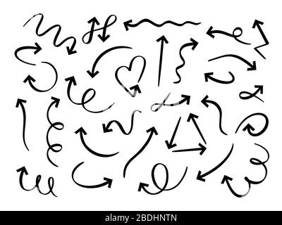 Hand drawn arrows set. Sketch arrow, curved scribble way pointed line and doodle round pointer vector set. Twisted and circular marker. Direction Stock Vector