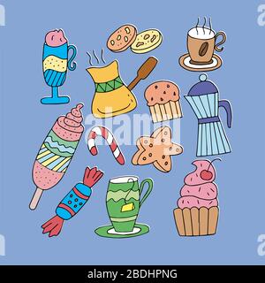Set on a blue background from several objects - cups with tea and coffee, cake, ice cream, candy. For the design of holiday cards and menus for cafes Stock Vector