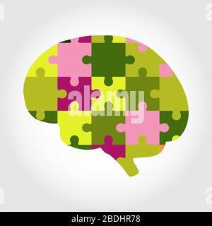 silhouette of the human brain in the form of a jigsaw puzzle. Isolated on a white background. Flat design. Stock Vector