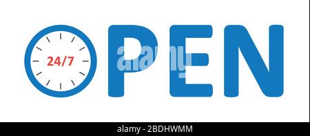 Open shop with 24-7 clock time, vector in flat color. Stock Vector