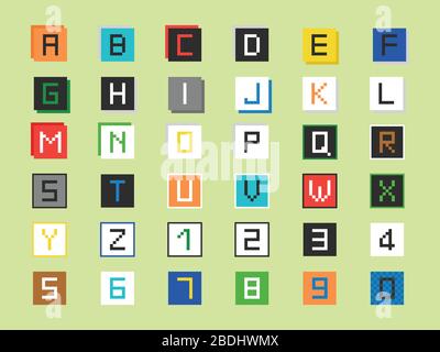 Pixel font set, letters and numbers in different colors and square background, vector and in flat color. Stock Vector