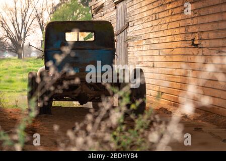 Vintage 1941 Ford truck and weathered barn in Peach County, Georgia. (USA) Stock Photo