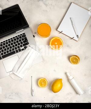Stay at home. Online work and education in conditions of quarantine. Top view. Stock Photo