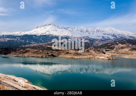 Antalya Gömbe Dam Lake and snowy mountain views in Turkey Stock Photo