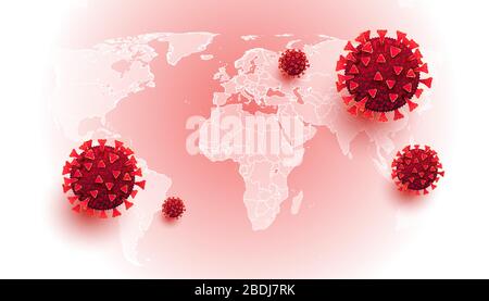 3D realistic liquid coronavirus cells on a world map of the world with red foci of outbreak of covid 19 on a white background Stock Vector