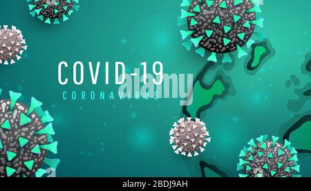 Covid-19. Corona virus outbreak concept with 3d realistic viral cells and global earth on horizontal template background Stock Vector