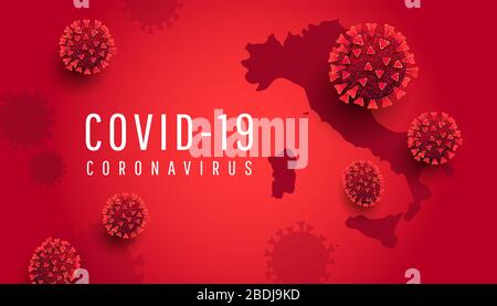 Covid-19 coronavirus quarantine horizontal banner with 3d virus infected cells and globe Italy map on a red background. Medical health risk concept Stock Vector