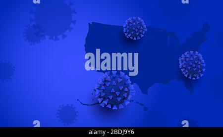 Global Economic Impacts of COVID-19. World globe infected with coronavirus epidemic cells and USA map on blue background with copyspace for article, news, web banner or information flyer Stock Vector