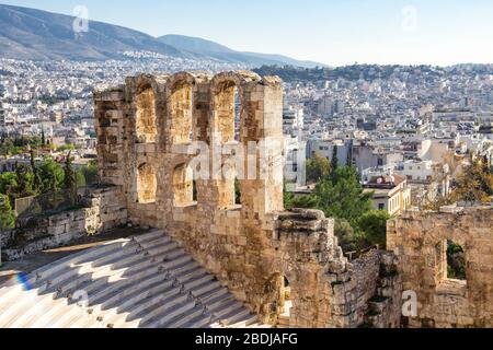 Odeon of Herodes Atticus Roman theater and aerial view of Athens, Greece Stock Photo