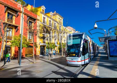 A modern tram on Calle San Fernando, Seville, Andalusia, Spain Stock Photo