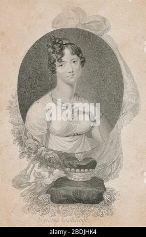 Antique engraving, Amelia Stewart, Viscountess Castlereagh. Amelia Anne 'Emily' Stewart, Marchioness of Londonderry (1772-1829), from 1794 until 1821 generally known as Lady Castlereagh, was the wife of the Georgian-era Irish statesman Robert Stewart, Viscount Castlereagh. SOURCE: ORIGINAL ENGRAVING Stock Photo