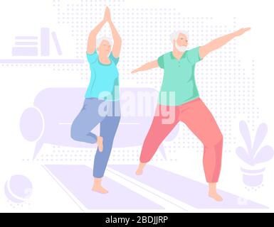 Elderly couple doing yoga at home. Indoor retired leisure. Active healthy lifestyle quarantined. Sport, fitness for senior person. Balance training. Old man and woman exercises vector illustration. Stock Vector