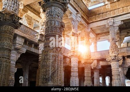 Columns of beautiful Ranakpur Jain temple in Ranakpur, Rajasthan. India Stock Photo